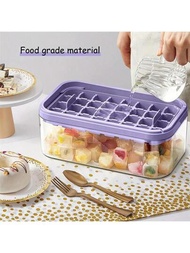 1入組帶有蓋子和儲物箱的製冰盤，可放進冰箱使用的製冰盤，64格製冰模具（紫色）