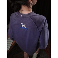 PII Afghan Hound baju T-shirt kasual retro Amerika dengan lengan raglan bersulam dan efek pencucian 