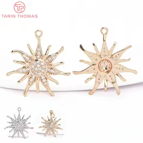 (8240) 2PCS 21x22.5MM 24K Gold Color Brass with Zircon Sun Flowers Pendants High Quality DIY Jewelry