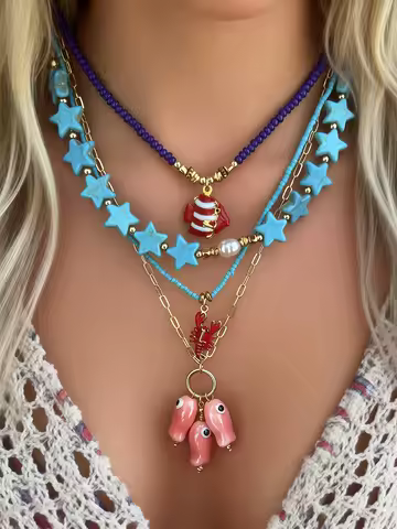 4pcs Bohemian Ocean Fish, Lobster, Starfish Pendant Necklace, Multi-Layer Necklace Suitable For Wome
