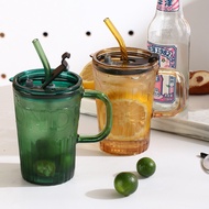Large Capacity Milk Cup Retro Embossed ins Feng Shui Cup Straw Cup Glass Cup Influencer Water Cup Co