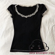 SUPER-Chic Women Y2K Retro Grunge T Shirt Korean White Lace Trim Neckline Crop Tops
