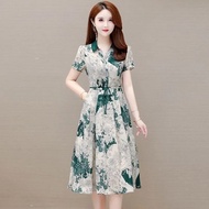 Free shipping Korean fashionable lapel printed formal dress for women 2024 new summer slim waistband
