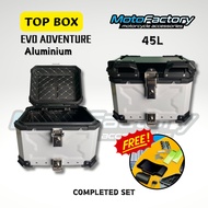 EVO ADVENTURE Motorcycle Aluminium Top Box 35L TANKER SILVER BLACK (WITH Cushion Backrest Pad)