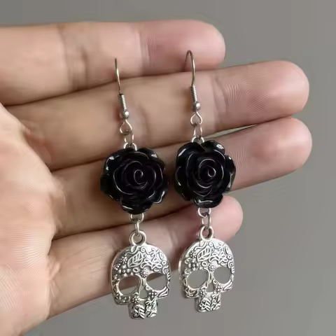 Gothic Black Rose Flower Silver Color Skull Pendant Dangle Earrings for Women Day of The Dead Hallow