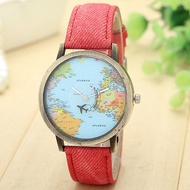 Map Women Dress Watch Denim Fabric Band Red New  Global Travel By  Plane