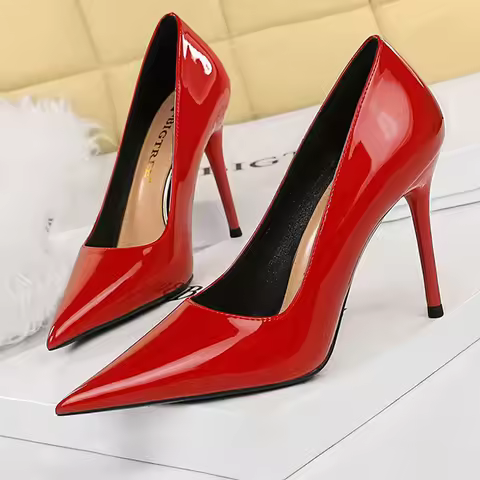 BIGTREE Shoes Pointed Toe Red Women Pumps Patent Leather High Heels Occupational OL Office Shoes Sti