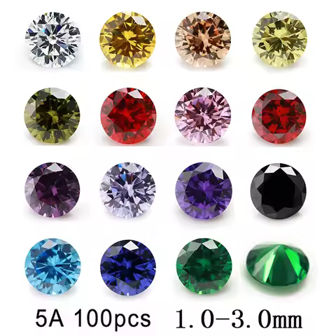 100pcs 5A Size 1.0-3.0mm Round Cubic Zirconia Stone Loose CZ Synthetic Gemstone White Green Tanzanit
