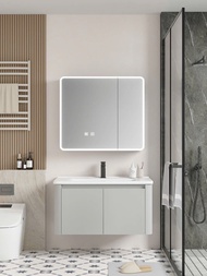 Bộ tủ lavabo nhựa kèm tủ gương size 60cm màu xám led viền gương T1003-D