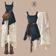 NUMEN BUTTON | Summer Vintage Cowgirl Outfit Set Slim Fit Lace Skirt