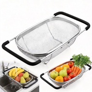 Over the Sink Strainer, 6 Quarts Stainless Steel Oval Colander with Expandable Rubber Grip Handle, S