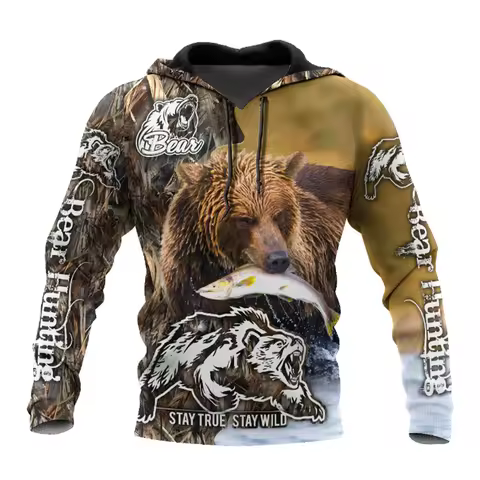 Fashion Men's 3D Printed Hoodie Four Seasons Clothing Men's Hunting Hoodie 3D Animal Bear Printed Fa