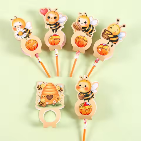 24pcs Cartoon Bee Lollipop Paper Holder Mixed 6 Styles Lollipop Decor Cards for First Birthday Party