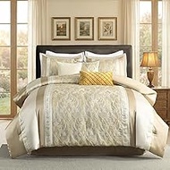 Finlonte Queen Size Comforter Set, Gold Beige Cream, 7 Piece Bed in a Bag for All Seasons, Luxury Vi