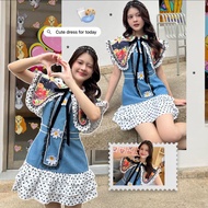 B698 BLT BRAND Mini Dress Denim Printed Lapel Ruffled Polkadot Women Cute Travel Wear Cafe