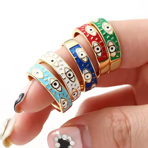 Enamel Evil Eye Ring Y2K Multi-Colors Stackable Band Ring Women Gold Plated Copper Rings Turkish Evi
