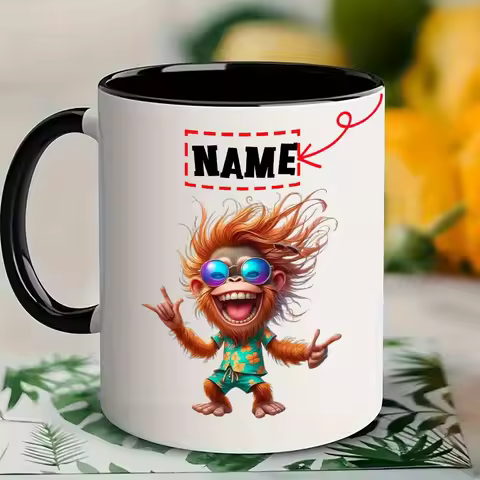 Personalized 11oz Coffee Mug - Custom Name Ceramic Cup with Fun Rock Monkey Design, 7 Color Options,
