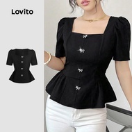 Lovito Elegant Blouse Flash Diamond Ruffle Hem Spring/summer Black Blouse for Women L138ED196 Lovito