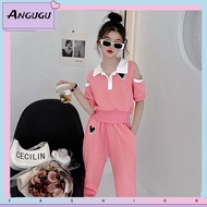 Angugu Fashion 2PCS（Blouses+Pants）High Quality Off-shoulder Sports Suit Korean Dress for Kids Girl Casual Clothes 3 To 4 To 5 To 6 To 7 To 8 To 9 To 10 To 11 To 12 Year Old Blouses T Shirt for Teens Terno Sale 2023 New