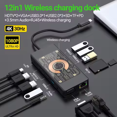 12 IN 1 Docking Stations With Wireless Charging 4K HDTV/VGA USB 3.0(5Gbps)/2.0 Ports, 3.5mm Audio, P