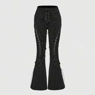 Spring/Summer Black Y2K Kpop Baddie Hollow Eyelets Lace-Up Decor Ultra Low Rise Skinny Super Low Wai