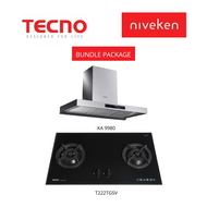 (HOOD + HOB) Tecno KA 9980 / KA9980 (90cm) High-suction Chimney Cooker Hood + TECNO T 222TGSV / T222TGSV (90cm) 2-Burner Tempered Glass Cooker Hob