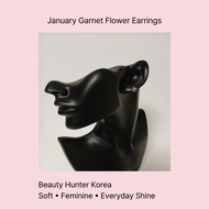 January Garnet Birthstone Earrings (Flower Design) | 925 Silver / Rose Gold Plated | Korean Minimal 
