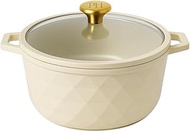 Dutch Oven with Lid, 7 Qt Enameled Cast Iron, Creme with Gold Details, Diamond Pattern Exterior