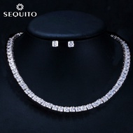 Seกก. ชุดเครื่องประดับสำหรับงานแต่งงานสำหรับสุภาพสตรี SJ-121ต่างหูสร้อยคอเพชรเซอร์โคเนียสี่เหลี่ยม A