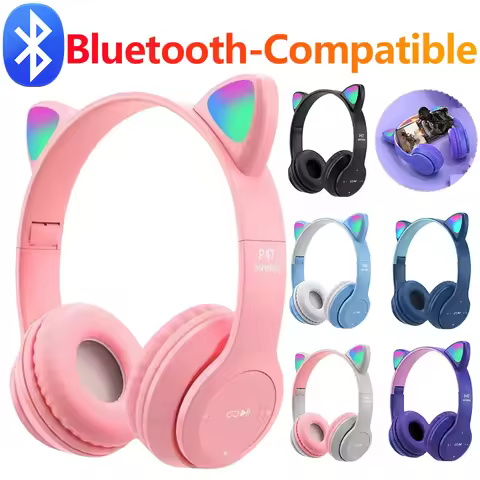 Flashing LED Cute Cat Ears Headphones Bluetooth Wireless Headset with Mic P47M Kid Girl Stereo Music