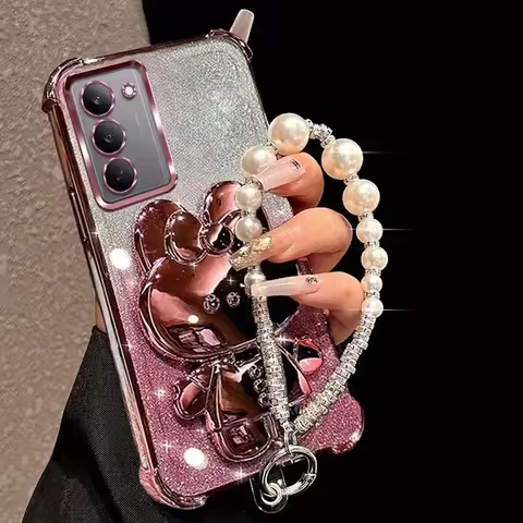 Pearl Bracelet Mirror Rabbit Stand Phone Case For OPPO Reno 15 15F 14F 12 Pro A16 A9 A53 2020 A54S A