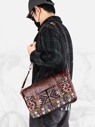 男士郵差包 牛皮拼接提花毛毯單肩斜跨包/側肩包