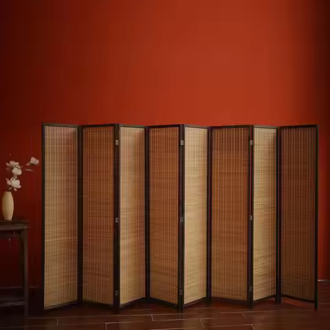 8 Panel Bamboo Room Divider - Natural Brown 5.6 ft Tall Folding Privacy Screen, Freestanding Partiti