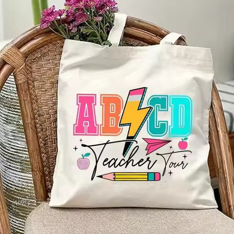 Abcd Teacher Tote Bag Durable Canvas Material Large Capacity Handbag For School Travel Shopping Vers