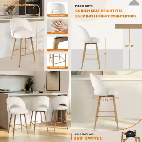 Set of 3 White Velvet Swivel Bar Stools, 26 Counter Height, Back & Footrest, Suitable for Kitchen Is