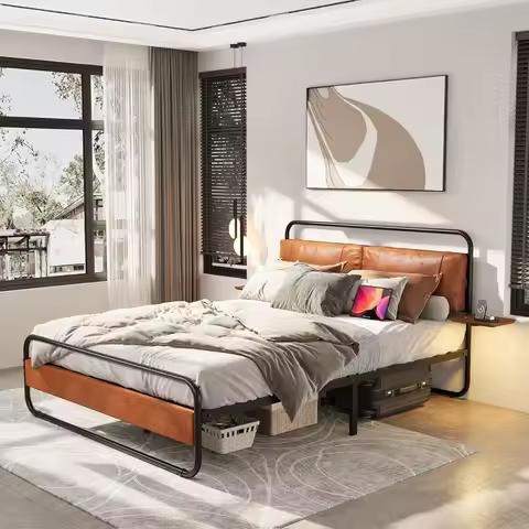 bedstead.Queen Size Bed Frame withLEDLights Headboard Oval-Shaped Platform Bed with Under-Bed Storag
