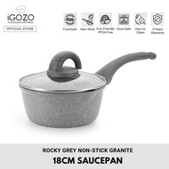 iGOZO Rocky Grey Non-Stick Granite Cookware (18cm Saucepan / 20cm Frying Pan / 24cm Frying Pan / 24cm Casserole Pot / 30cm Stir-Fry Wok) [Free Wooden Spatula]