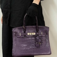 HERMES 紫水晶銀扣鱷魚皮Birkin30手提包 30*24*17 98新配件塵袋 鎖 鑰匙 盒子