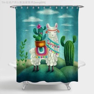 【CW】✺  Cartoon Llama with Cactus Shower Curtain Alpaca Succulent Artwork Accessories