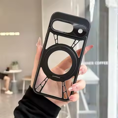Magnetic Case For Google Pixel 9 Pro XL Luxury Metal Hollow Heat Dissipation Rotating Stand Cover Fo