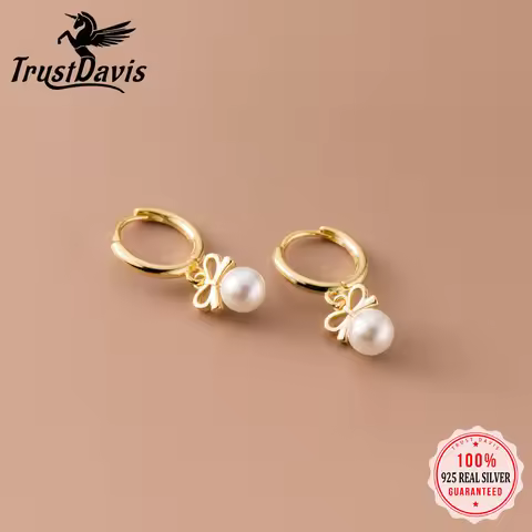 TrustDavis Girls 925 Sterling Silver Elegant Romantic Pearl Hoop Earrings for Girls Wedding Party Fi