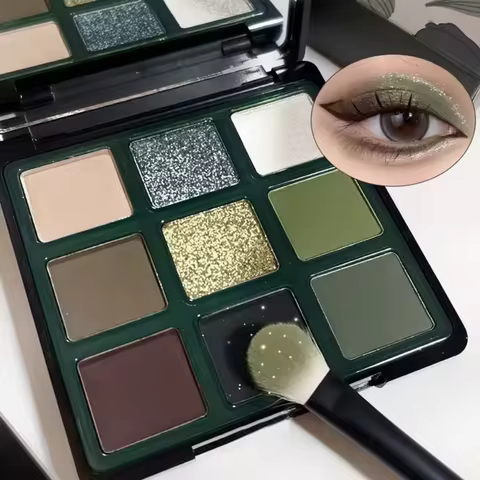9 Color Eyeshadow Palette Olive Green Eye Look Pearlscent Shimmer Matte Eyeshadow Pink Palette Flash