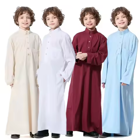 Solid Stand Collar Boys Kids Islamic Muslim Juba Kaftan Robe Arabian Dubai Qatar Children Long Dress