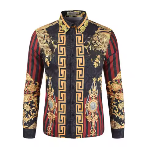 Men's New Fashion Men's Long Sleeve Shirt Top Gold Red Purple Button Shirt Fashion Luxury Soft Comfo