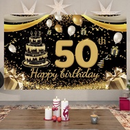 Happy 50th Birthday Banner – Black Gold Decoration – Unisex Celebration Backdrop