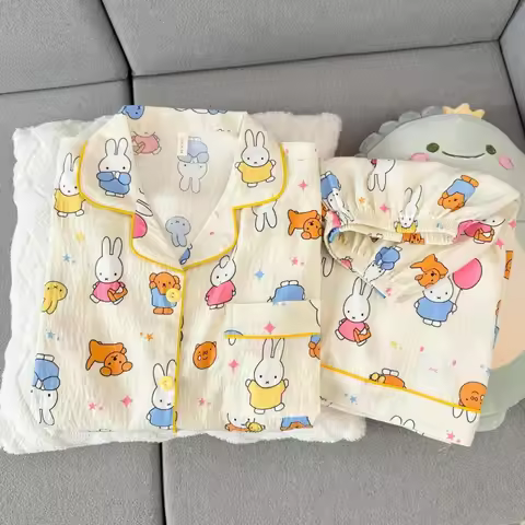 Kawaii Miffy Pajamas Cartoon Miffy Rabbit Sleepwear Women's Loose Short-Sleeved Short-Peaked Homewea