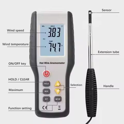 Hti HT-9829 High Sensitivie Digital Portable Wind Speed Meter Hot Wire Thermal Anemometer Anemometro