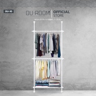 OUROOM ราวแขวนเสื้อ ราวแขวนผ้า ราวแขวนไม่ต้องเจาะ 2 เสา 2 ราวแขวน 1 ชั้นวางเหล็ก (OU-10) ใช้แทนตู้เส