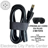AC POWER CABLE CORD 2 PRONG 2 PIN 2 METERS FOR LED/LCD TV/MONITOR, PRINTER, PS2, PS3, SLIM PS4, ETC.