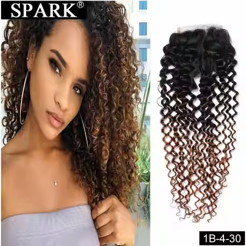 Spark Ombre Brazilian Kinky Curly Human Hair Lace Closure 8-22inch 1B/30&1B/27 Color With 1B/4/30&1B